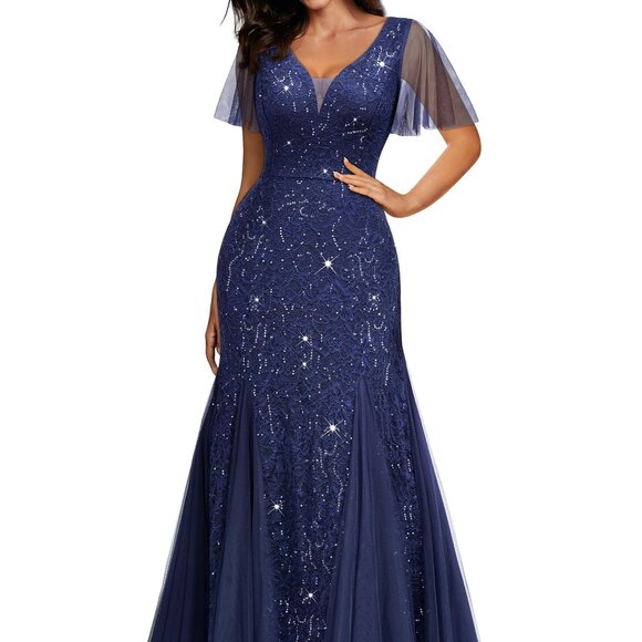 Miusol Women's Sequin Lace Deep-V Neck Tulle Mermaid Hem Evening Party Dress - Picture 1 of 8